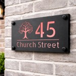 Personalised House Number Sign Rose Gold Back Tree Design