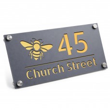 Personalised House Number Sign Bee Design Grey With Gold