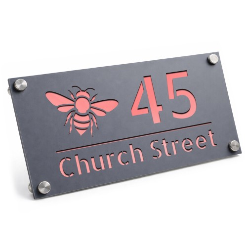 Personalised House Number Sign Bee Design Grey With Rose Gold