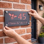 Personalised House Number Sign Bee Design Grey With Rose Gold