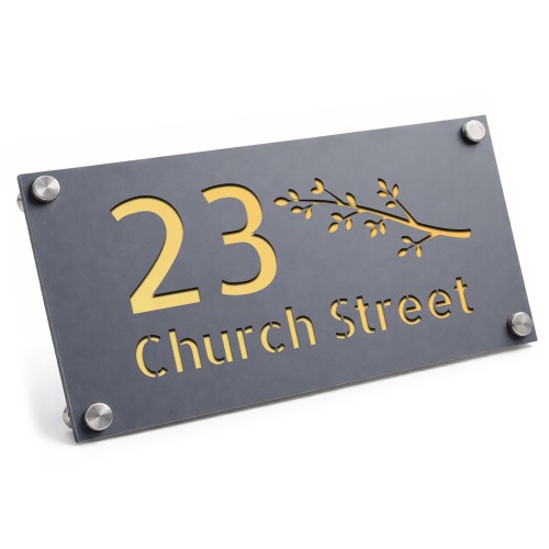 Personalised Gold House Number Sign Leaf Design Address Sign