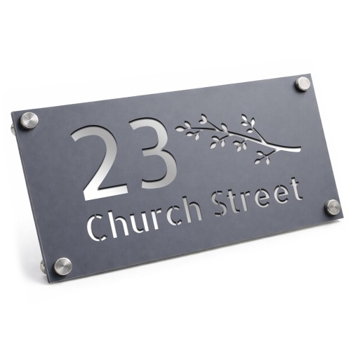 Personalised Silver House Number Sign Leaf Design Street Address
