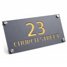 Personalised Address Plaque Mineral Grey With Gold House Number 