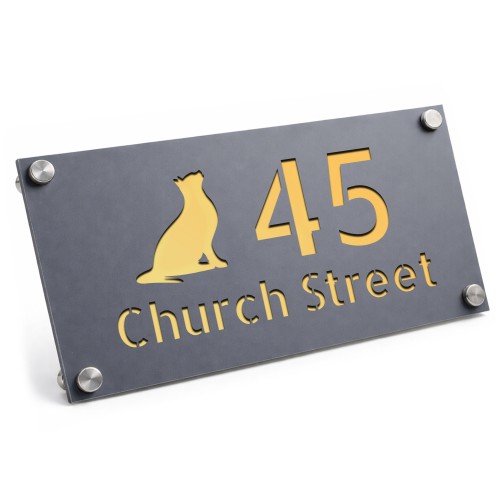 Personalised Address Plaque Cat Design Grey With Gold Number