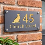 Personalised Address Plaque Cat Design Grey With Gold Number