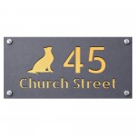 Personalised Address Plaque Cat Design Grey With Gold Number