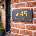 Personalised Address Plaque Cat Design Grey With Gold Number