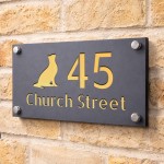 Personalised Address Plaque Cat Design Grey With Gold Number