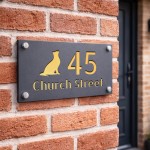 Personalised Address Plaque Cat Design Grey With Gold Number
