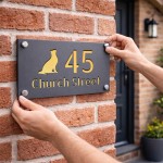Personalised Address Plaque Cat Design Grey With Gold Number