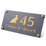 Personalised Address Plaque Cat Design Grey With Gold Number