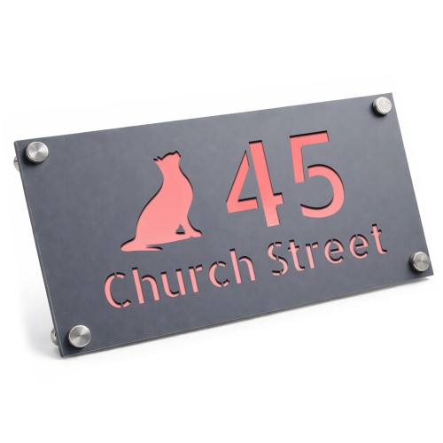 Personalised Address Plaque Cat Design Grey With Rose Gold