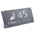Personalised Address Plaque Cat Design Grey With Silver House