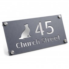 Personalised Address Plaque Cat Design Grey With Silver House