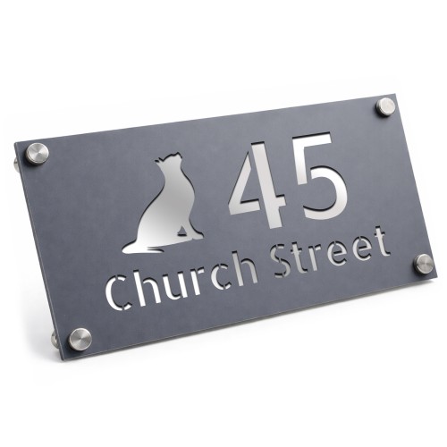 Personalised Address Plaque Cat Design Grey With Silver House