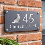 Personalised Address Plaque Cat Design Grey With Silver House