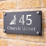Personalised Address Plaque Cat Design Grey With Silver House