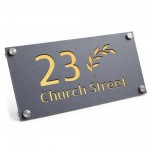 Personalised House Number Sign Leaf Design Grey With Gold