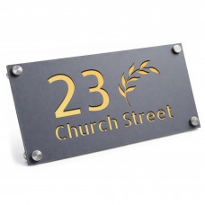 Personalised House Number Sign Leaf Design Grey With Gold