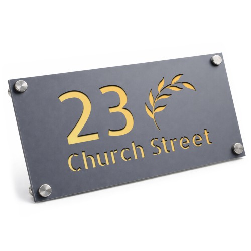 Personalised House Number Sign Leaf Design Grey With Gold