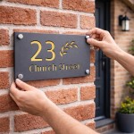 Personalised House Number Sign Leaf Design Grey With Gold