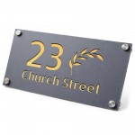 Personalised House Number Sign Leaf Design Grey With Gold