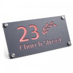 Personalised House Number Sign Leaf Design Grey With Rose Gold
