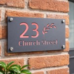 Personalised House Number Sign Leaf Design Grey With Rose Gold