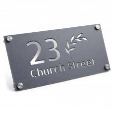 Personalised House Number Sign Leaf Design Grey With Silver