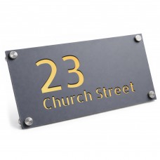 Address Plaque Personalised Grey With Gold House Number Plaque