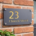 Address Plaque Personalised Grey With Gold House Number Plaque