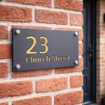 Address Plaque Personalised Grey With Gold House Number Plaque