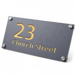 Address Plaque Personalised Grey With Gold House Number Plaque