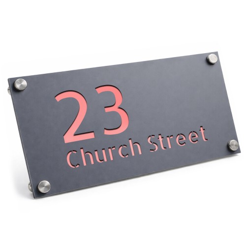 Address Plaque Personalised Grey With Rose Gold House Number