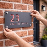 Address Plaque Personalised Grey With Rose Gold House Number