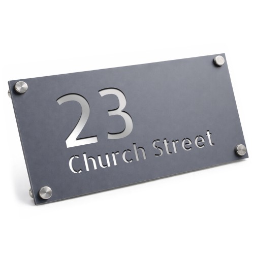 Address Plaque Personalised Grey With Silver House Number Plaque