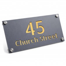 Personalised Address Sign For Outside Grey With Gold Number