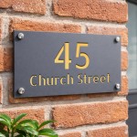 Personalised Address Sign For Outside Grey With Gold Number