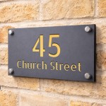 Personalised Address Sign For Outside Grey With Gold Number