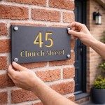 Personalised Address Sign For Outside Grey With Gold Number