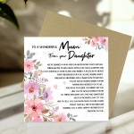 Mother's Day Card, To a Wonderful Mum Message From Daughter