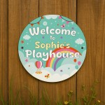 Personalised Playhouse Sign For Kids Rainbow Garden Playhouse
