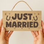 Just Married Hanging Wooden Engraved Sign Wedding Day Gift