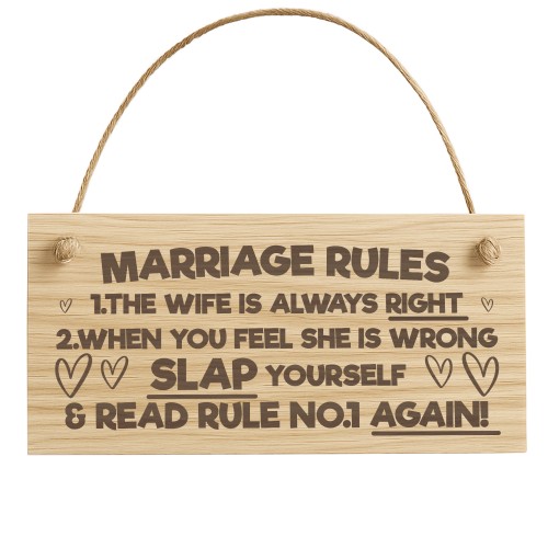 Funny Marriage Rules Sign Engraved Wooden Plaque Mr & Mrs Gift Funny Marriage Rules Sign Engraved Wooden Plaque Mr & Mrs Gift