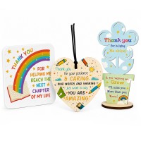 Teacher Thank You Gift Set Coaster Wooden Heart Flower Plaque