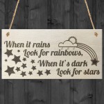 When It Rains Rainbows Stars Wooden Hanging Plaque Sign Gift