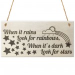 When It Rains Rainbows Stars Wooden Hanging Plaque Sign Gift