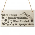 When It Rains Rainbows Stars Wooden Hanging Plaque Sign Gift
