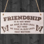 Friendship Not What But Who Wooden Hanging Plaque