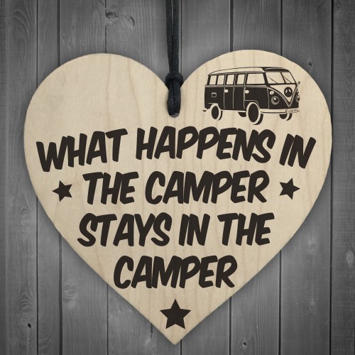 What Happens In The Camper Novelty Wooden Hanging Heart